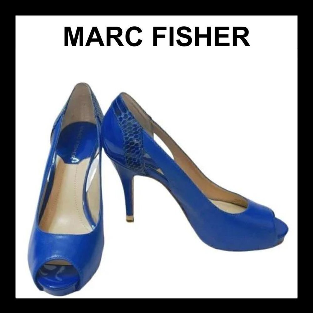 MARC FISHER Blue leather peep toe pumps
